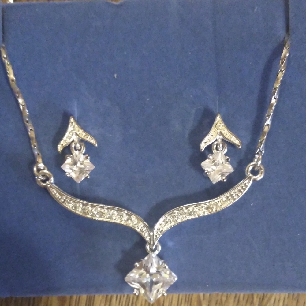Princess cut CZ diamond necklace and earring set